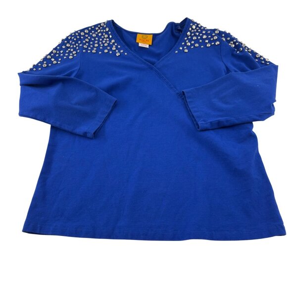 Ruby Rd. Petite Blue Top With Studded Shoulders sz PM Knit - Picture 1 of 5